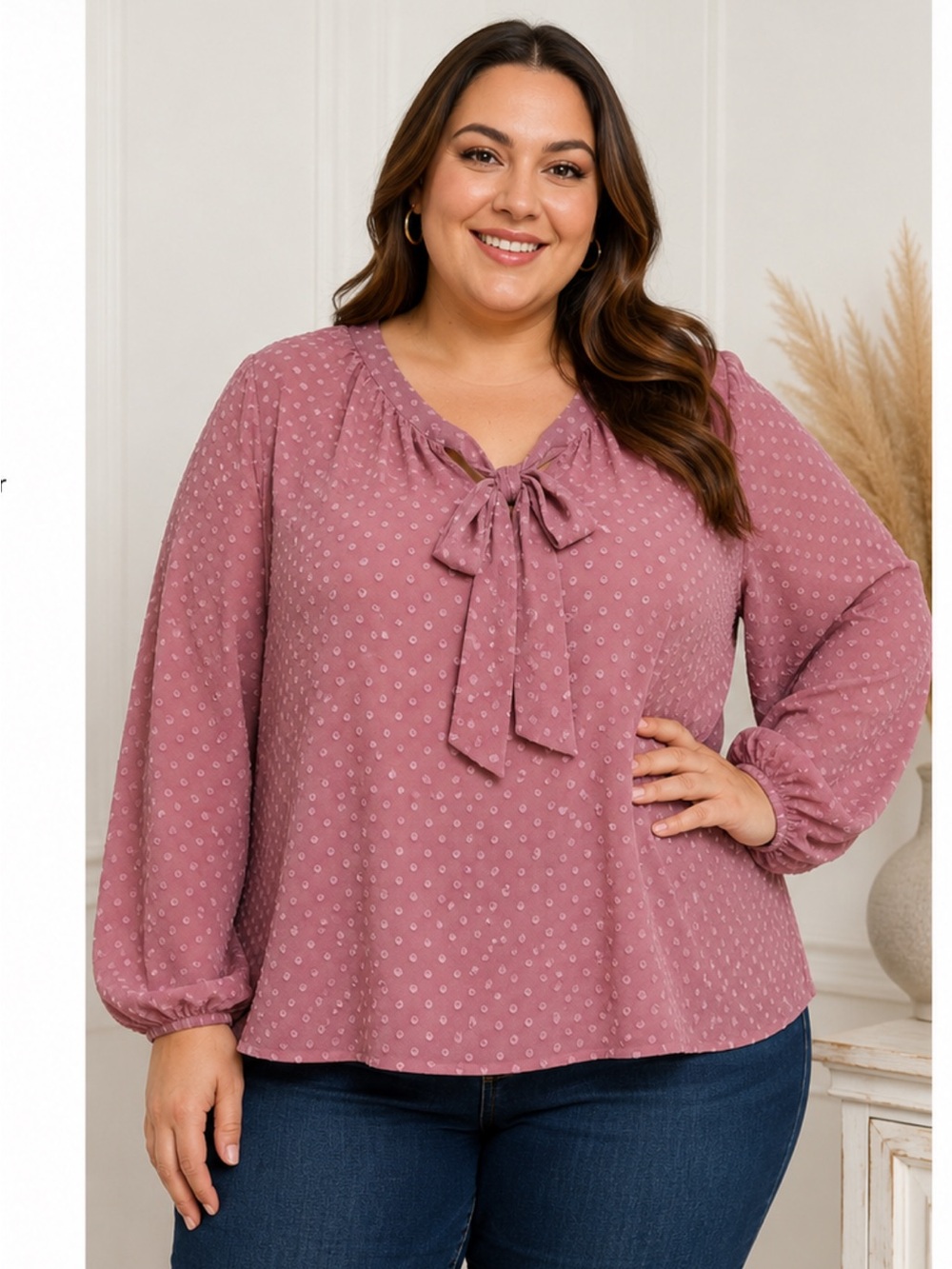BLACK RAINN. Mauve Pink V-Neck . Dotted‎ Texture. Balloon Sleeves. Size 3XL.